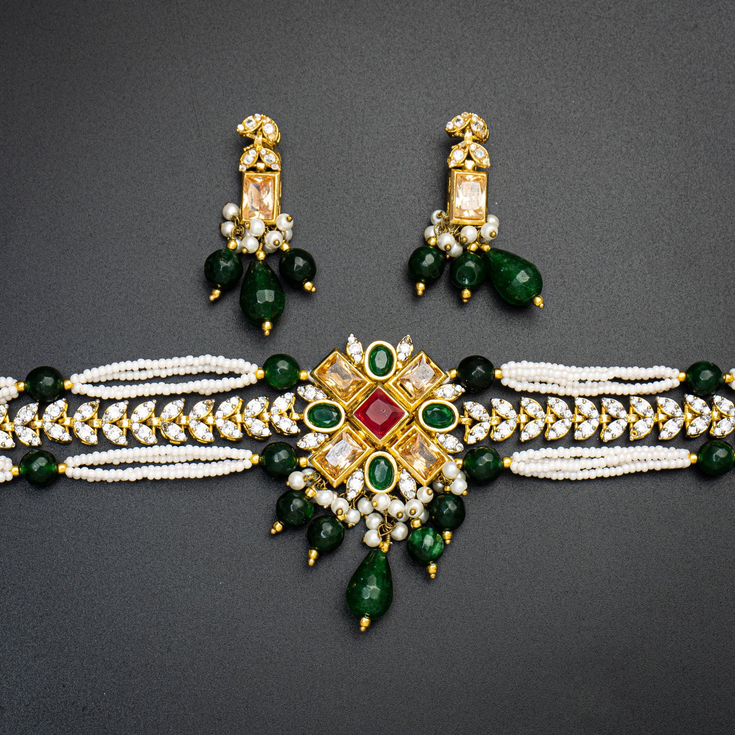 Indian Fancy Choker Set Multi Color with Champagne Color Stones | Khalis Jewellery