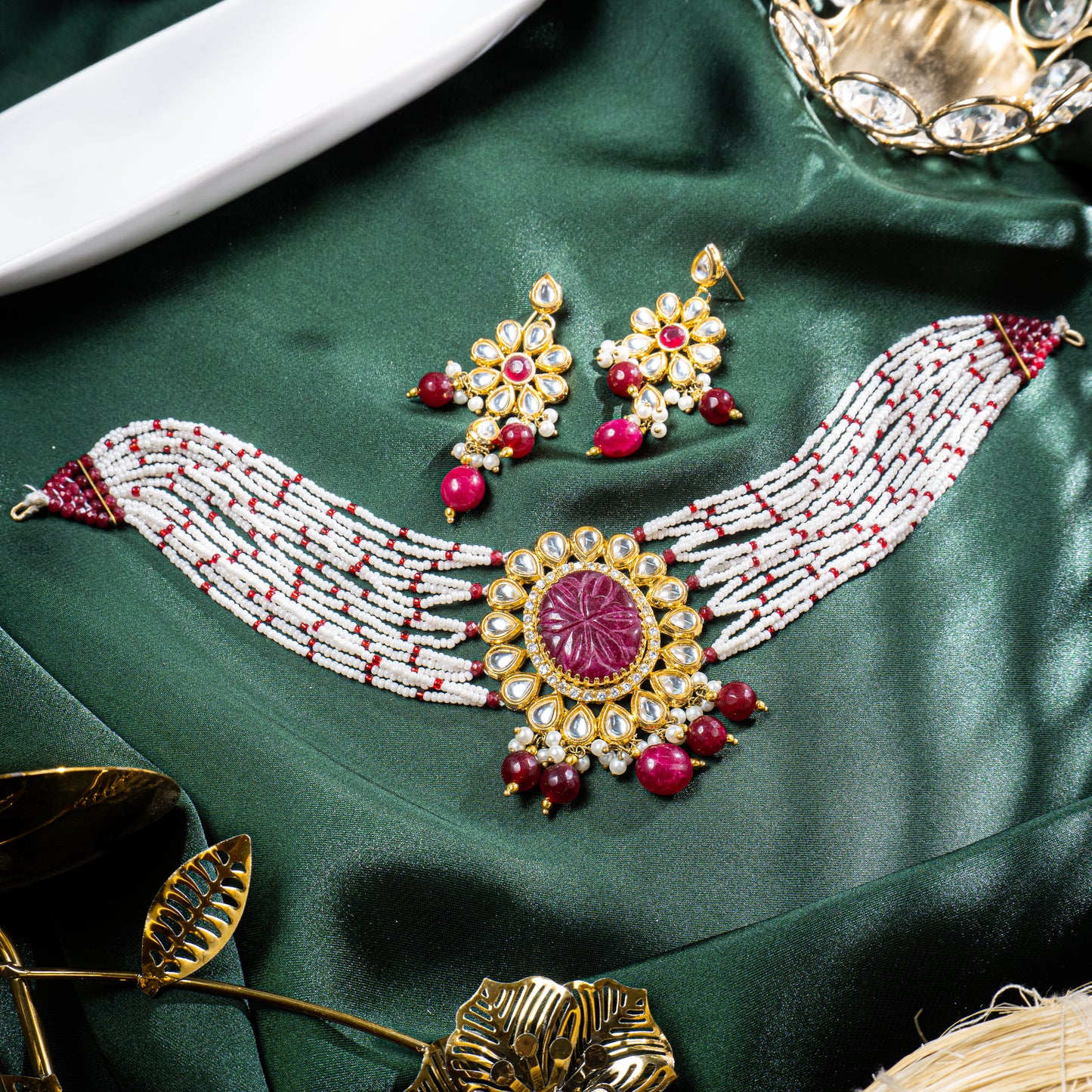Red Chatham Gem Kundan Choker Set | Khalis Jewellery