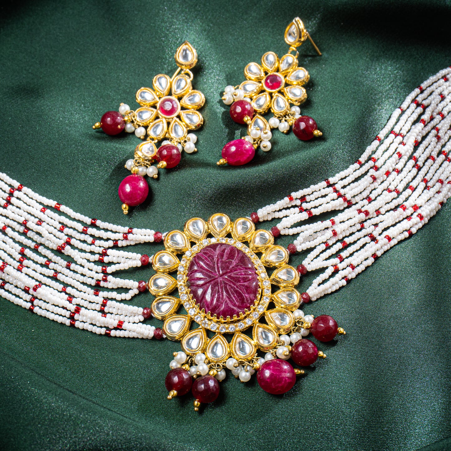 Red Chatham Gem Kundan Choker Set | Khalis Jewellery