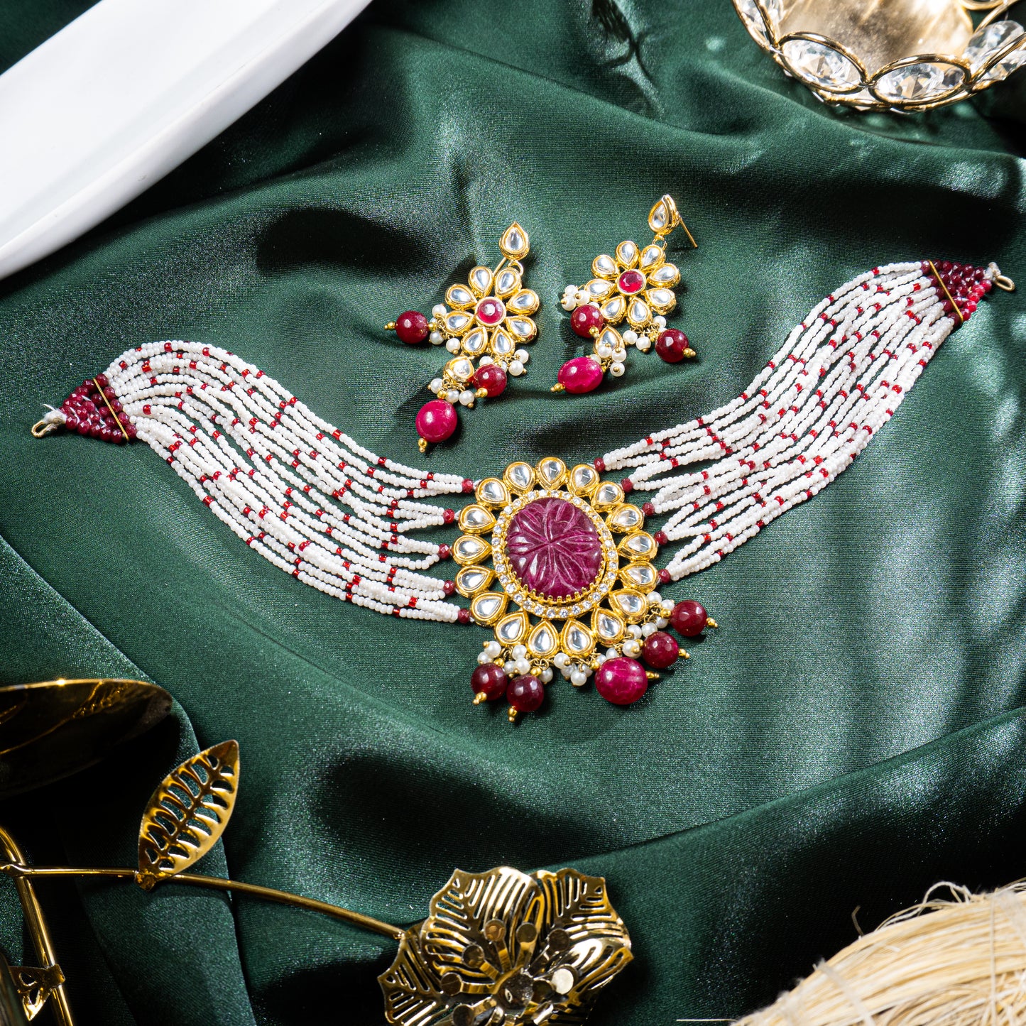 Red Chatham Gem Kundan Choker Set | Khalis Jewellery