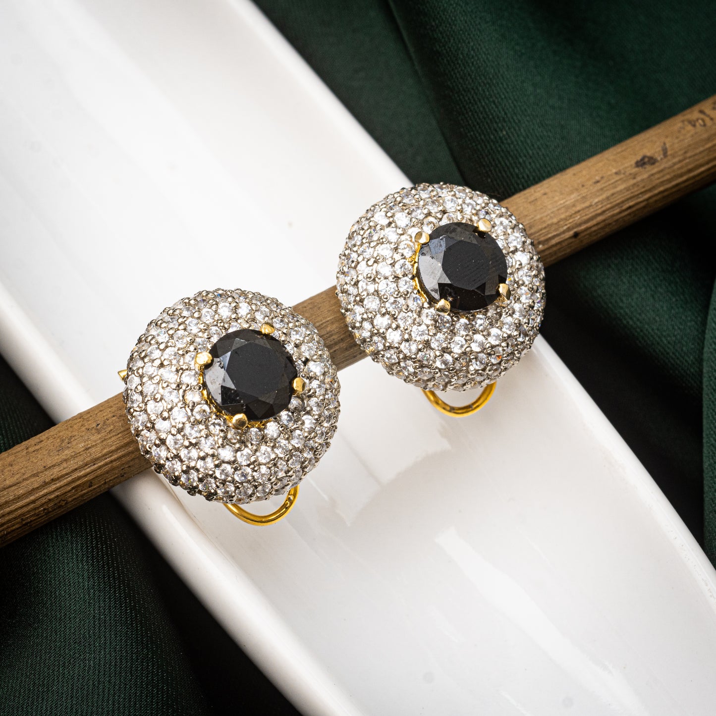 Black Zirconic Stone Round Earrings | Khalis Jewellery