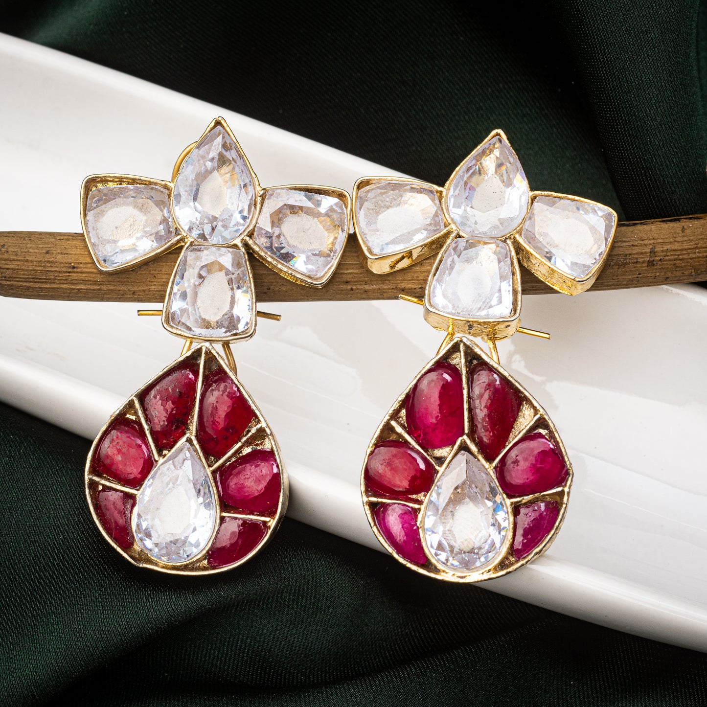 Gold plated Kundun Stud- Red Chatham Gems | Khalis Jewellery