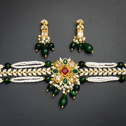 Indian Fancy Choker Set  Multi Color with Champagne Color Stones | Khalis Jewellery