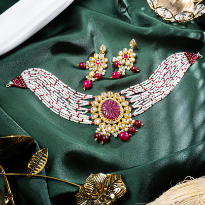 Red Chatham Gem Kundan Choker Set | Khalis Jewellery
