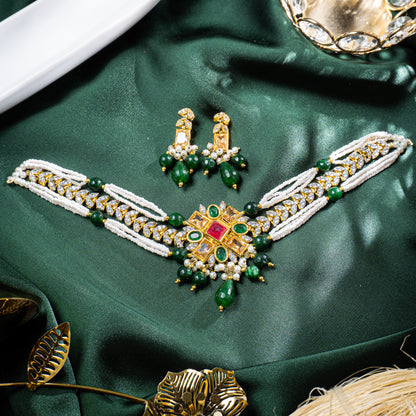 Indian Fancy Choker Set  Multi Color with Champagne Color Stones | Khalis Jewellery